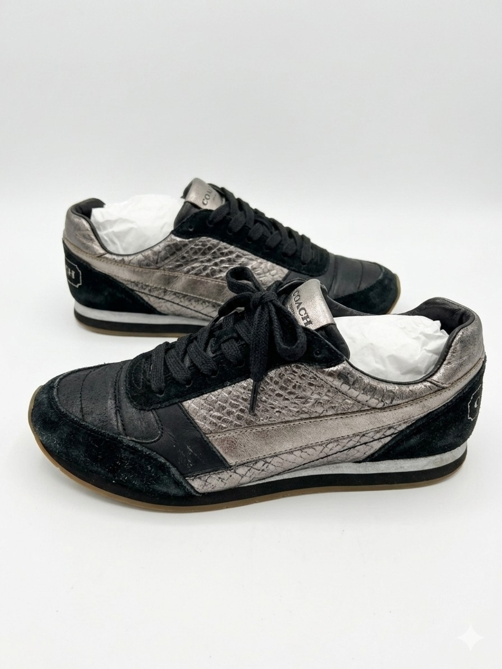 Coach Rebekha Mixed Media Suede Metallic Snakeskin Runner Sneakers Women's 7.5